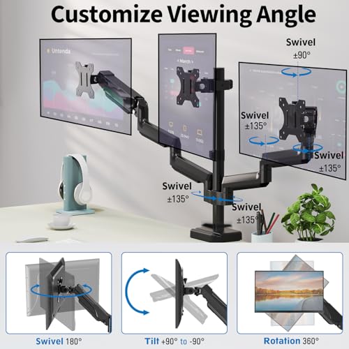 ErgoFocus Triple Monitor Desk Mount for Computer Screens up to 32", Holds up to 19.8 lbs Each, 3 Monitor Arm, Heavy Duty Stand Vesa Mount 75x75, 100x100