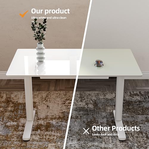 Claiks Glass Standing Desk with Drawers, 48×24 Inch Electric Adjustable Height Stand Up Desk Quick Install Computer Desk, White