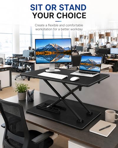 biueus Ultra-Slim Standing Desk Converter, 25.16" x 15.75" Compact Height Adjustable Desk Riser for Standing, Sit Stand Desktop Converter for Monitor or Laptop, No Assembly, Black