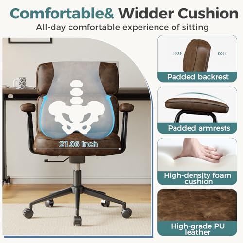 OLIXIS Ergonomic Home Office Desk Chair, PU Leather Computer Chair with Lumbar Support Adjustable Height Rolling Swivel Executive Task Armrests Chair, Modern Brown