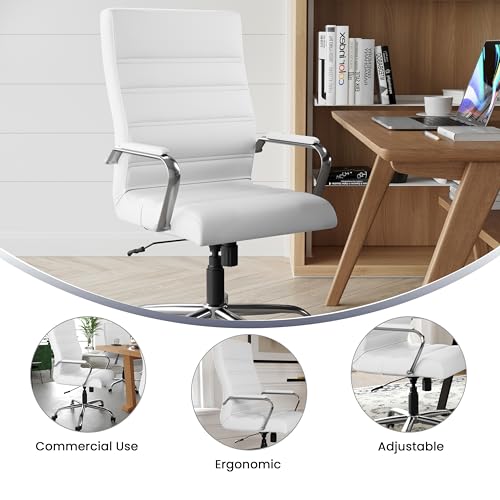 Flash Furniture Whitney High-Back Swivel LeatherSoft Desk Chair with Padded Seat and Armrests, Adjustable Height Padded Office Chair, White/Chrome