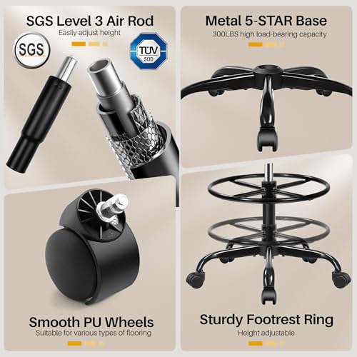 FINATI Drafting Chair, Tall Office Chair for Standing Desk, Ergonomic High Back with Headrest, Lumbar Support, Foot Ring and Flip-up Armrests, Black