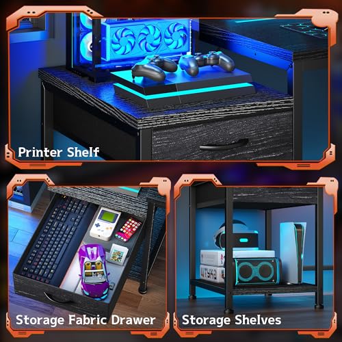 56 Inch Gaming Desk with Printer Shelf and LED Lights,Reversible Computer Desk with Drawers and Power Outlets,Study Table with Hooks for Headphone,Bags,Black Desk Work Desk for Teen Bedroom,Dorm