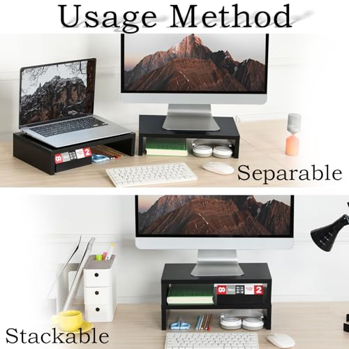 TEAMIX Wood Monitor Stand Riser-2 Pack, 2 Tier Adjustable Monitor Stand Dual Monitor Riser for 2 Monitors/Laptop/PC Black Computer Stand for Desk