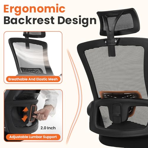 NEO CHAIR Office Desk Chair Gaming Computer High Back Support Mesh Comfy Seat with Adjustable Ergonomic Headrest Lumbar Rolling Flip-up Armrests and Wheels (Black)