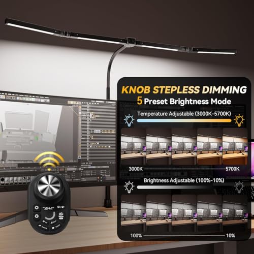 Adjustable LED Desk Lamp with Clamp, 4-Head Eye-Caring CRI95+ Desk Light, Stepless Dimming & Color Temp Remote Control, Flexible Neck, 5-Mode for Reading, Computer, Crafting, 90" Wide Desk Coverage