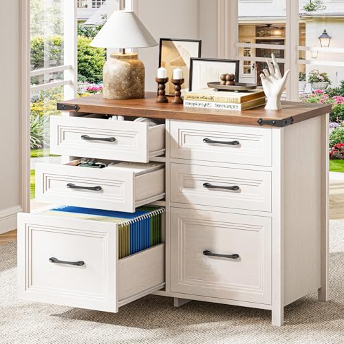 Halitaa 6 Drawer File Cabinets,Farmhouse Lateral Filing Cabinet Fits Letter and A4 Size, Wooden File Cabinet for Home Office, Printer Stand,Antique White