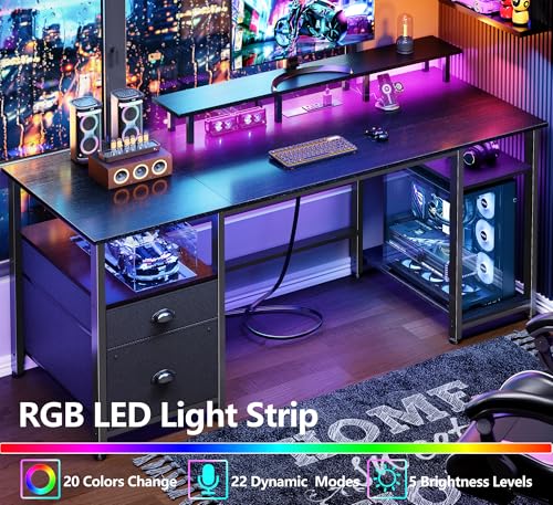 Furologee 61" Gaming Desk with Power Outlets & LED Lights, Reversible Computer Desk with File Cabinet & Monitor Stand for Home Office, Large Work Table with Storage Shelves & Drawer, Black