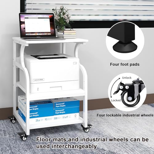 Natwind Large Printer Stand, 24''x20''x29'' Printer Table with Adjustable Storage Shelf, 3 Tier Rolling Cart with Wheels, Multifunctional Home Office Shelves for Heat Press, 3D Printer (White)