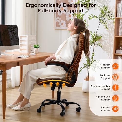 Ylzyxal Office Desk Chair, Ergonomic Computer Chair with Padded Flip-Up Arms and Adjustable Lumbar Support, PU Leather Executive Chair with Tilt Lock and 360° Swivel Rolling Wheels for Work, Study