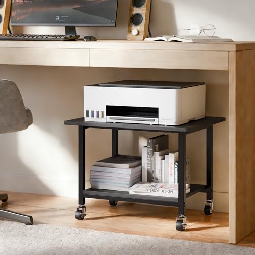 niffgaff Printer Stand with Lockable Wheels, 2-Tier Rolling Printer Cart with Storage Shelf, Compact Wood & Metal Printer Table for Home Office, Black, 20.1'' ×15.4'' ×14.6''