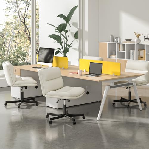 Rfiver Ergonomic Armless Criss Cross Chair with Height Adjustable and Swivel, Wide & Thickened Cushion Cross Legged Vanity Chair, Comfortable PU Leather Desk Chair for Computer Task and Make Up, White