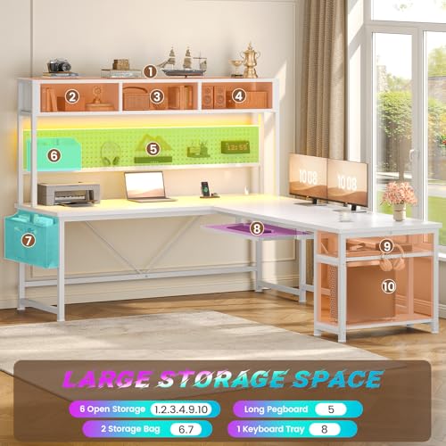 SEDETA White L Shaped Gaming Desk, Reversible Corner With Power Outlet and Pegboard, Hutch, Storage Shelf, Keyboard Tray, and LED Lights for Home Office