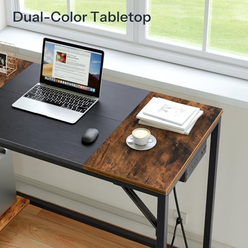 HOOBRO Small Computer Desk, Home Office Desk with Power Outlet, Writing Desk with 2 Shelves, Modern Small Desk for Home Office, Study, Easy to Assemble, Rustic Brown and Black BF43UDN01
