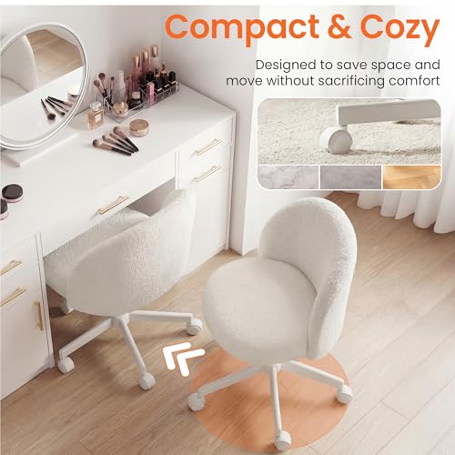 NEO CHAIR Office Vanity Chair with Wheels Comfy Desk Chair for Girls Cute Computer Small Armless Adjustable Height Swivel for Home Bedroom Task (White)