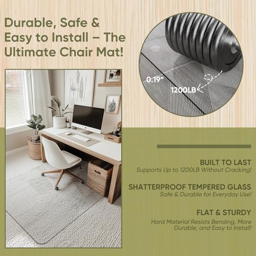 Furnbar Office Chair Mat for Carpet & Hardwood, Upgraded 36" x 48" Dual Use Tempered Glass Chair Mat for Chair and Footrest Under Desk