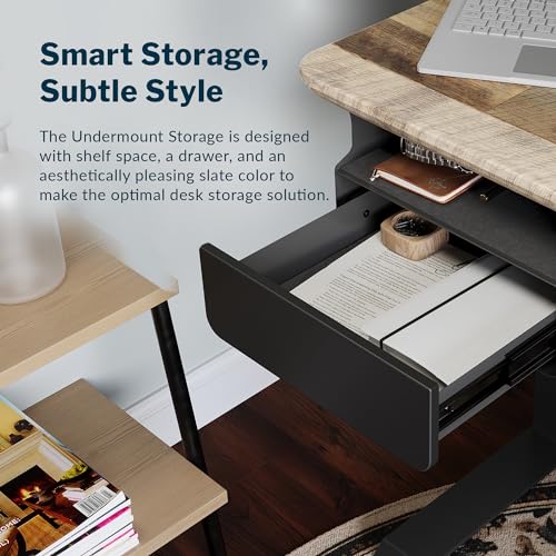 Vari Steel Under Desk Storage Organizer with Drawer - Slim Hanging File Storage Shelf and Stationary Tray - Easy Assembly - Home Office VariDesk Accessory - Black, 13.39" x1 9.29" x 9.45"