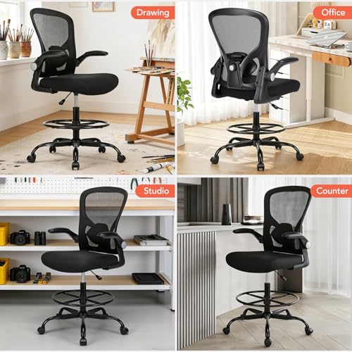 shipborne Drafting Chair, Tall Office Chair for Standing Desk, Mesh High Desk Chair with Flip-Up Armrests, Ergonomic Office Chair with Lumbar Support, Adjustable Footrest Ring Studio Chair, Black