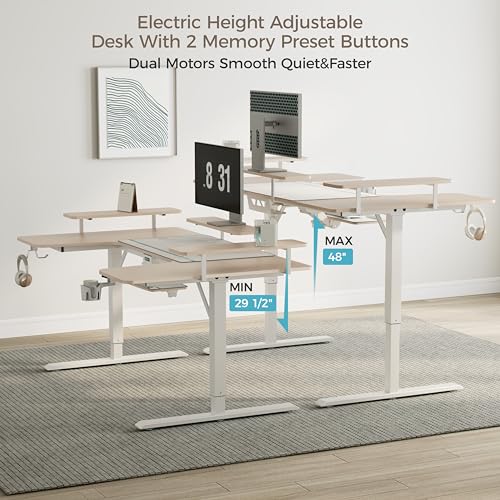EUREKA ERGONOMIC Gaming Standing Desk with Keyboard Tray,74" U Shaped Studio Desk for Recording&Live,Electric Height Adjustable Desk w LED Convertible Shelves,Maple