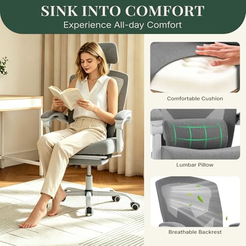 HAPPYMONT Ergonomic Office Chair with Footrest, High Back Home Desk Chair with Lumbar Support & Headrest, 90-135° Reclining Mesh Back Computer Chair with Wheels for Work, Gaming, Grey