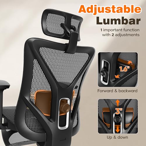 GABRYLLY Ergonomic Office Chair with Footrest, 135° Reclining Desk Chair with Adjustable Lumbar Support,3D Armrest,Headrest & Large Steel Base, 300LBS Heavy Duty Mesh Chair