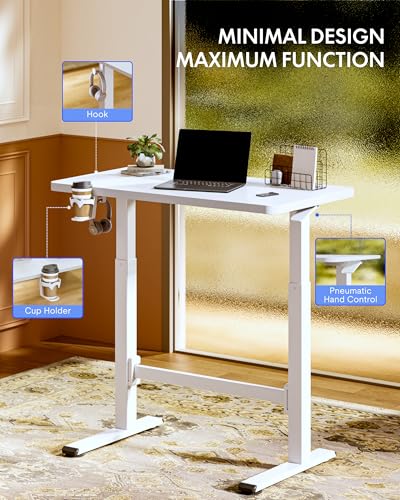 FLEXISPOT H7 Plus Gas Spring Adjustable Standing Desk, Mobile Rolling Sit-Stand Table with Wheels, Cordless Stand Up Desk for Small Spaces & Home Office, 32" One-Piece Desktop White,Height 27.6"–45"
