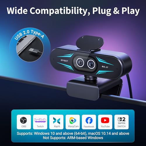 EMEET C60E Dual-Camera 4K Webcam for Streaming, Wide-Angle and Telephoto Cameras, Max 11X Hybrid Zoom & PDAF Autofocus, Remote Control, RGB Lighting, 2 Mics, Ideal for Livestreaming and Online Meeting