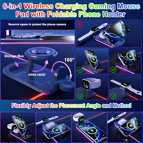 HAUTOCO Wireless Charging Mouse Pad 15W RGB Gaming Mousepad Waterproof Desk Mat with Phone Holder 35.4''x11.8'' Extra Large Desk Pad Non-Slip Base Computer Keyboard Mat for PC Laptop, Black