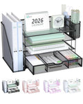 WALI Desk File Organizer, 4 Tier Desktop Paper Letter Tray Organizer with Drawer and 2 Pen Holders, Office Desk Accessories & Workspace Organizers for Office, Home Supplies(DO005DH-B), 1 Pack, Black