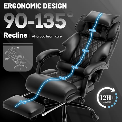 Massage Office Chair with Foot Rest,6 Points Vibration&Heat Executive Office Chairs,Big and Tall Leather Office Chair 500LBS,Ergonomic Desk Chair for Heavy People,Home and Office Computer Chair,Black