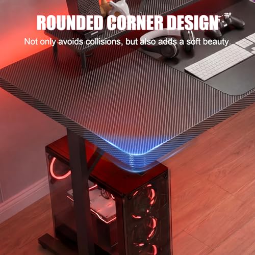 GTPLAYER 55 Inch Gaming Desk with LED Lights, Large Computer Desk with Mouse Pad for Home Office, T-Shaped Carbon Fibre Surface PC Game Workstations with Headphone Hook