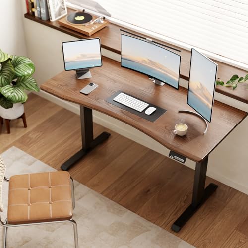 Solid Wood Electric Standing Desk 55"x23.6"Home Office Desk,Adjustable Workbench with 3 Stages Single Motor, Computer Workstation with T-Shaped Metal Bracket,Walnut Standing Table for Gaming(1 Box)