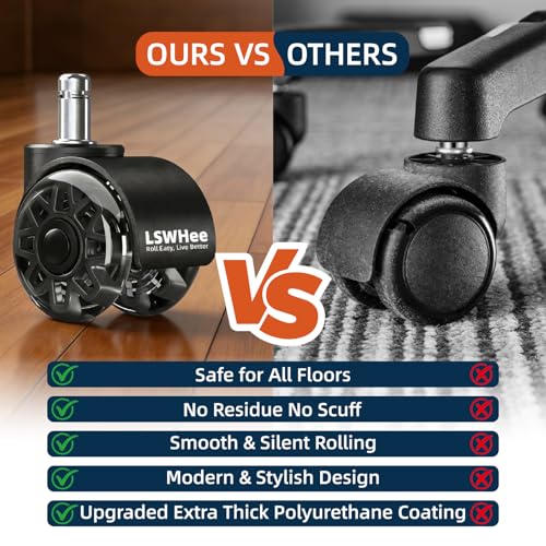 2'' Office Chair Wheels, Heavy Duty Desk Chair Caster Wheels Replacement, Mute Rubber Rotating Chair Wheels for Hardwood, Floors, Carpet, Universal Standard Stem Size Fit, Set of 5 (Black)