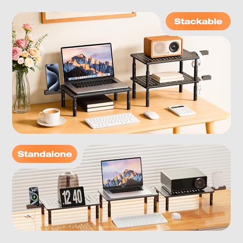 Canyora Computer Monitor Stand Riser for Desk, 3 Height Adjustable PC Laptop TV Desktop Monitor Stand Shelf, Metal Printer Table with Phone Holder, Stand Riser for Desk, Office Desk Organizers and Accessories, 2 Pack