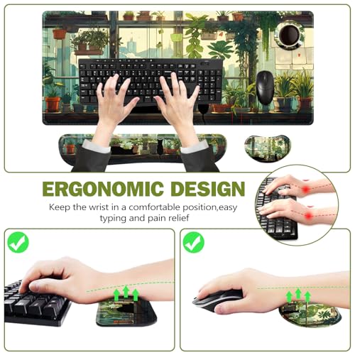 ToLuLu Extended Gaming Mouse Pad, Memory Foam Ergonomic Keyboard Mouse Wrist Rest Support Set, Large Desk Mat with Stitched Edges, Non-Slip Base Mousepad Home Office, Cute Green Japanese Kawaii Cat