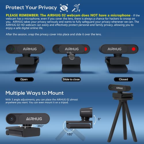 AIRHUG Webcam No Mic with Privacy Cover, USB Web Cam for Computer and Laptop Plug & Play, Web Camera Without Audio, 78° Wide-Angle,for Streaming and Conferencing (2K Webcam No Mic)