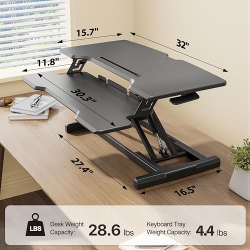 JYLH JOYSEEKER Standing Desk Converter 32 inch, Height Adjustable Sit Stand Desk Riser, Quick Sit to Stand Tabletop Dual Monitor Riser Workstation for Home Office with Keyboard Tray, Black
