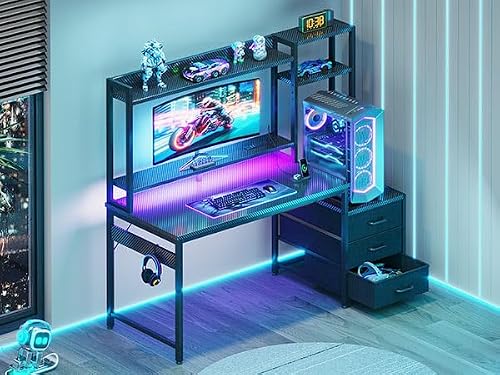 Casaottima 48 Inch Gaming Desk with Hutch & 3 Fabric Drawers, Computer Desk with USB Ports & LED Lights, Reversible Pc Gamer Table with Monitor Stand for Home Office, Carbon Fiber Black