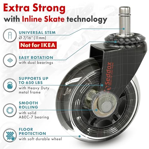 SEDDOX Office Chair Wheels Replacement Set of 5 - Desk Chair Casters for Hardwood & Carpet - Heavy Duty & Safe for All Floors - Universal Fit for Most Computer Gaming & Office Chairs - 3 Inch