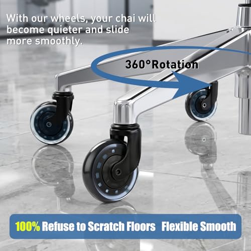 Office Chair Caster Set of 5, Hirate 3" Heavy Duty Desk Chair Replacement Wheel with Crescent-Shaped Smooth Rolling Safe for Hardwood, Carpet, Tile, Universal Fit 7/16" x 7/8", Blue