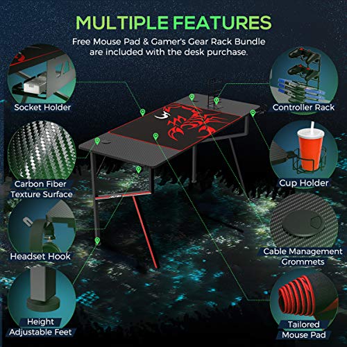 EUREKA ERGONOMIC Gaming Desk 55 inch, Professional Gaming Table Gamer Workstation with Cable Management Tray, Controller Stand, Cup Holder, Headphone Hook, Mouse Pad, Black