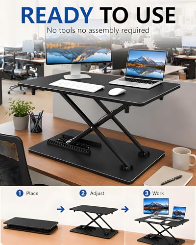 biueus Ultra-Slim Standing Desk Converter, 25.16" x 15.75" Compact Height Adjustable Desk Riser for Standing, Sit Stand Desktop Converter for Monitor or Laptop, No Assembly, Black