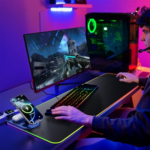 HAUTOCO Wireless Charging Mouse Pad 15W RGB Gaming Mousepad Waterproof Desk Mat with Phone Holder 35.4''x11.8'' Extra Large Desk Pad Non-Slip Base Computer Keyboard Mat for PC Laptop, Black