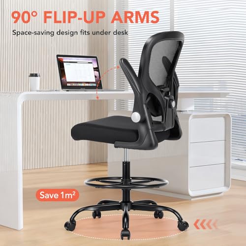 shipborne Drafting Chair, Tall Office Chair for Standing Desk, Mesh High Desk Chair with Flip-Up Armrests, Ergonomic Office Chair with Lumbar Support, Adjustable Footrest Ring Studio Chair, Black