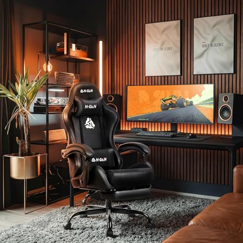 N-GEN GAMING Video Gaming Chair with Footrest Lumbar Support for Home Office High Back Recliner Height Adjustable Ergonomic Comfy Leather Computer Desk Chair (Black)