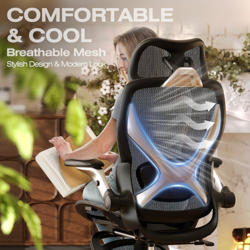 ELABEST X100 Ergonomic Mesh Office Chair with Footrest, Big and Tall Hone Desk Chair with 5D Flip-Up Arms, Adjustable 3D Lumbar Support,Gaming & Executive Computer Chairs