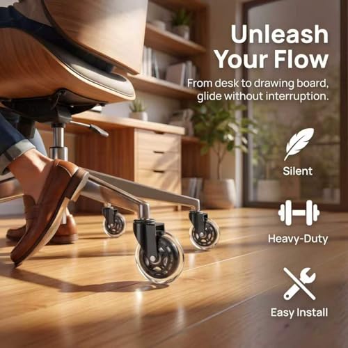 Office Chair Wheels Replacement, Transparent 3 Inch Heavy-Duty Computer Gaming Desk Rubber Casters,Smooth & Silence Gliding for All Floors Including Hardwood Carpet, Set of 5