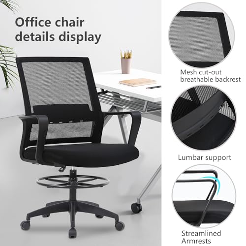 PayLessHere | Drafting Chair | Black | Tall Office Chair with Adjustable Seat Height & Footrest, Ergonomic Mesh Back, Lumbar Support, 360 Degree Swivel Rolling Wheels | for Workspaces & Home Office
