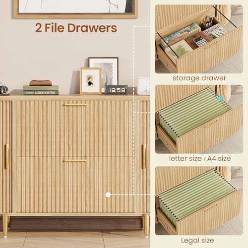 SEDETA 2 Drawer File Cabinet, 39.4" Filing Cabinet for Home Office, fit Legal/Letter/A4 Size, Modern Fluted Filing Cabinets with 2 Sliding Door Storage, Printer Stand, Natural