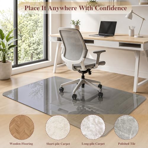 MYSUNORIA Tempered Glass Office Chair Mat, 46"x55" for Carpet & Hardwood Floors, Grey Heavy Duty 0.2" Thick Computer Chair Mat with Non-Slip Pads, Scratch Resistant, Rounded Corners & Polished Edges